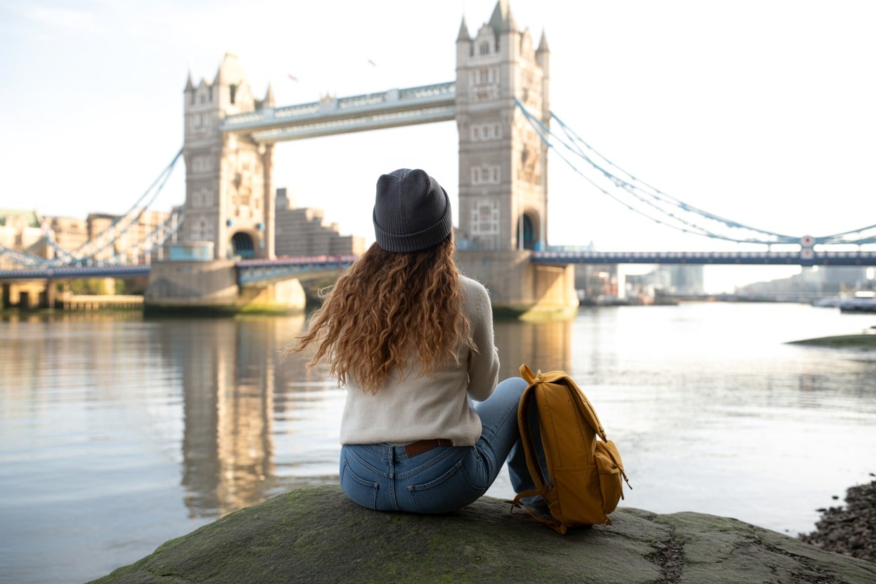 Woman sitting on a riverside rock with a backpack Home