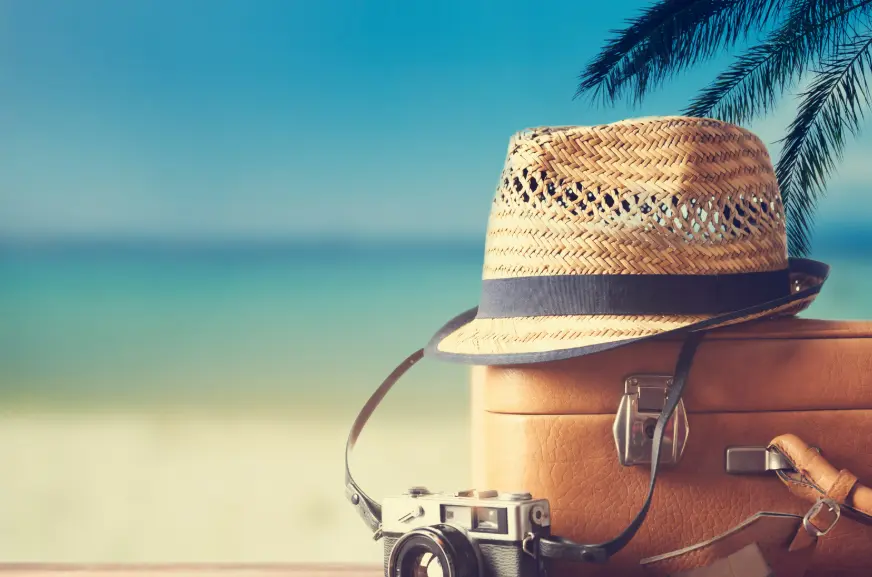 Suitcase and camera on a beach, palm trees