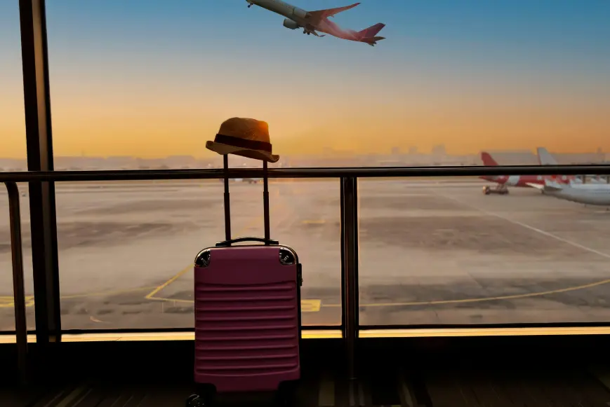 Traveller with suitcase at airport gate, sunset